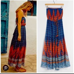 NWT Anthropologie Verb Nora Maxi Dress; Blue/Orange/metallic, Lined & Strapless